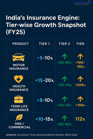 Infographic showing insurance growth in India in 2025 across Tier 1, Tier 2, and Tier 3 cities, highlighting product-wise premium trends in motor, health, life, SME, and crop insurance.