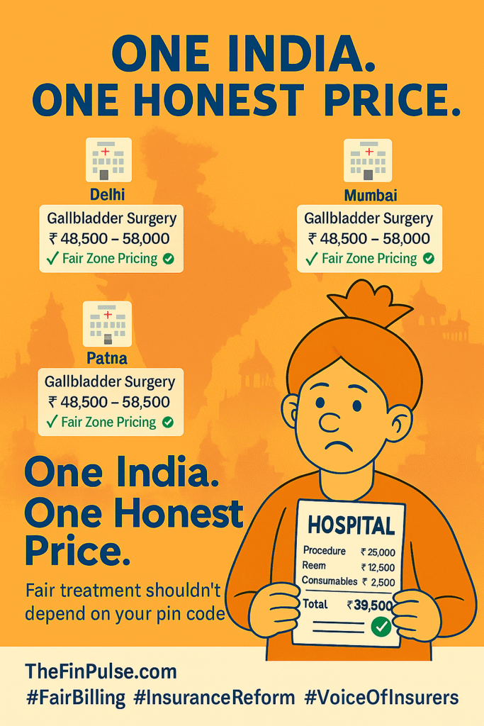 A flat-style digital illustration representing the need for Hospital Pricing Reform in India. A cartoon man holds a hospital bill of ₹39,500, looking confused, symbolizing the burden of inflated medical costs. The headline “One India. One Honest Price” advocates for transparent and standardized hospital billing. Background includes a cityscape and a hospital, reinforcing the demand for fair healthcare pricing.