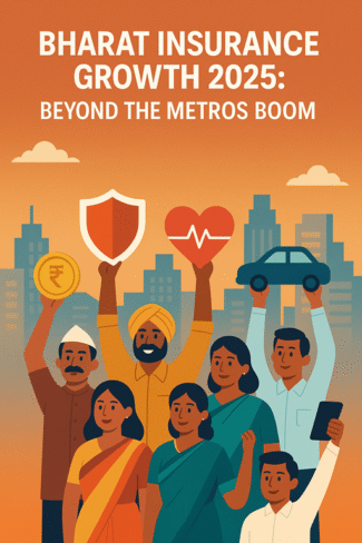 Illustration showing Bharat insurance growth 2025 with diverse Indian citizens from Tier 2 and Tier 3 cities holding insurance icons in front of an urban skyline, representing growth beyond metro cities.